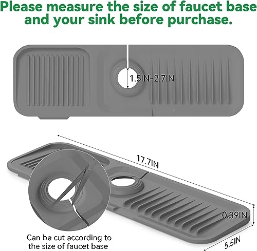 Image of Sink Mat for Faucet | Absorbent Faucet Splash Guard with Adjustable 1.5-2.7 Inch Hole | Quick-Dry, Washable Drip Catcher for Kitchen & Bathroom Sink (17.7 x 5.5 x 0.39 Inch, Dark Grey)