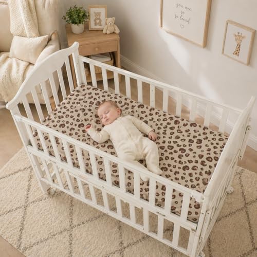 Image of TADO MUSLIN Baby Crib Sheets 2 PCS, 100% Organic Cotton Fitted Crib Sheet for Standard Crib Mattress (52 inchx28 inch), Soft and Breathable for Girl and Boy, Leopard Print, Khaki