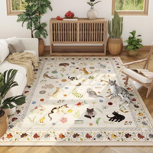 Living Room Rug 6x9 Rug Machine Washable Boho Area Rug Non Slip Floral Animal Cat Vintage Low Pile Large Rug for Living Room Bedroom Farmhouse Dining Room Kids Playroom, Beige