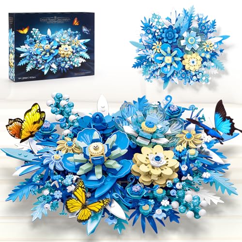 MiraCat Butterfly Flower Building Kit, Artificial Flowers Botanical Collection for Adults Building Block Sets for Table or Wall Decoration, Home Decor, Party, Blue Flower Gifts Idea, 917PCS