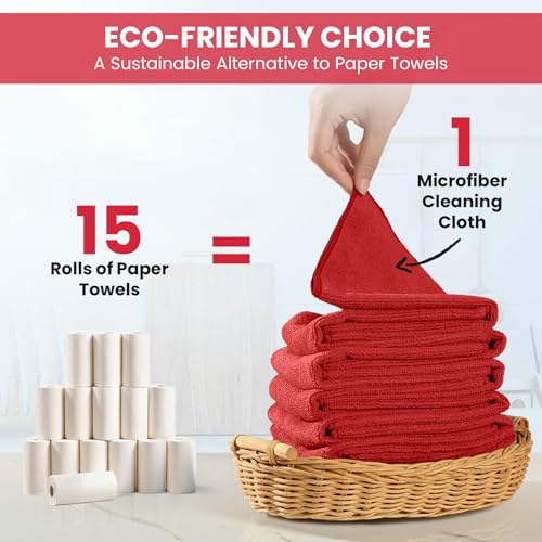 Image of SIFANGKE Microfiber Cleaning Cloth, 12 Pack Red Cleaning Rags for Housekeeping, Reusable Microfiber Towels for Car, Kitchen, Bathroom and Household Cleaning Supplies, 11.8 inchX11.8 inch