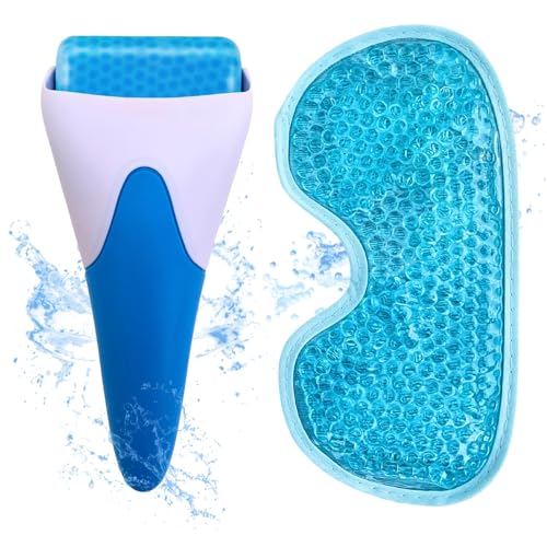 Antifaz gel frio y Ice Roller Facial. Kit antiojeras, mascara gel frio cara y rodillo facial hielo, masajeador facial, antifaz frio para ojos, alivio para el dolor de cabeza, migraña alivio.