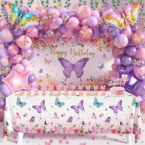 Butterfly Birthday Decorations Party Supplies for Girls Women with Pink Purple Balloon Arch Kit Backdrop Tablecloth Butterfly Wall Decor Foil Balloons Cake Toppers Cover