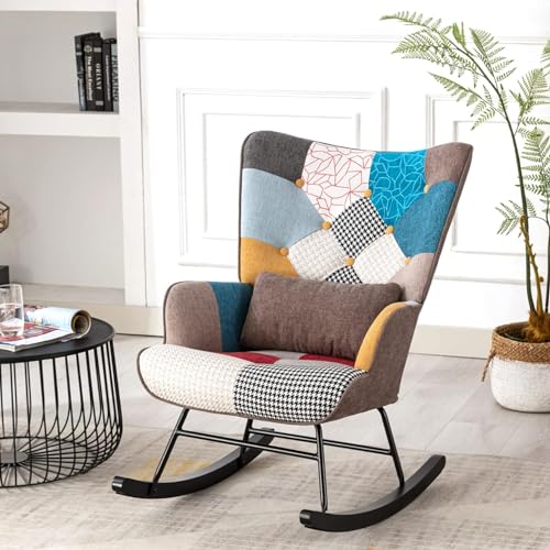 HomeMiYN Chaise à Bascule Patchwork Décorative en Lin Respirant, Design Confortable et Moderne pour Salon, Chambre, Balcon, Chaise à Bascule à Dossier Haut...