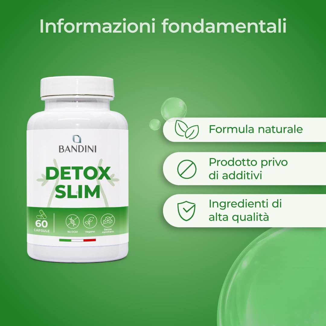 Bandini® DETOX SLIM 60 Capsule Vegan | Drenante, Antiossidante, Depurativo, Detossificante per Fegato e Intestino | Complesso di Estratti Vegetali: Bromelina, Tarassaco, Pilosella, Betulla