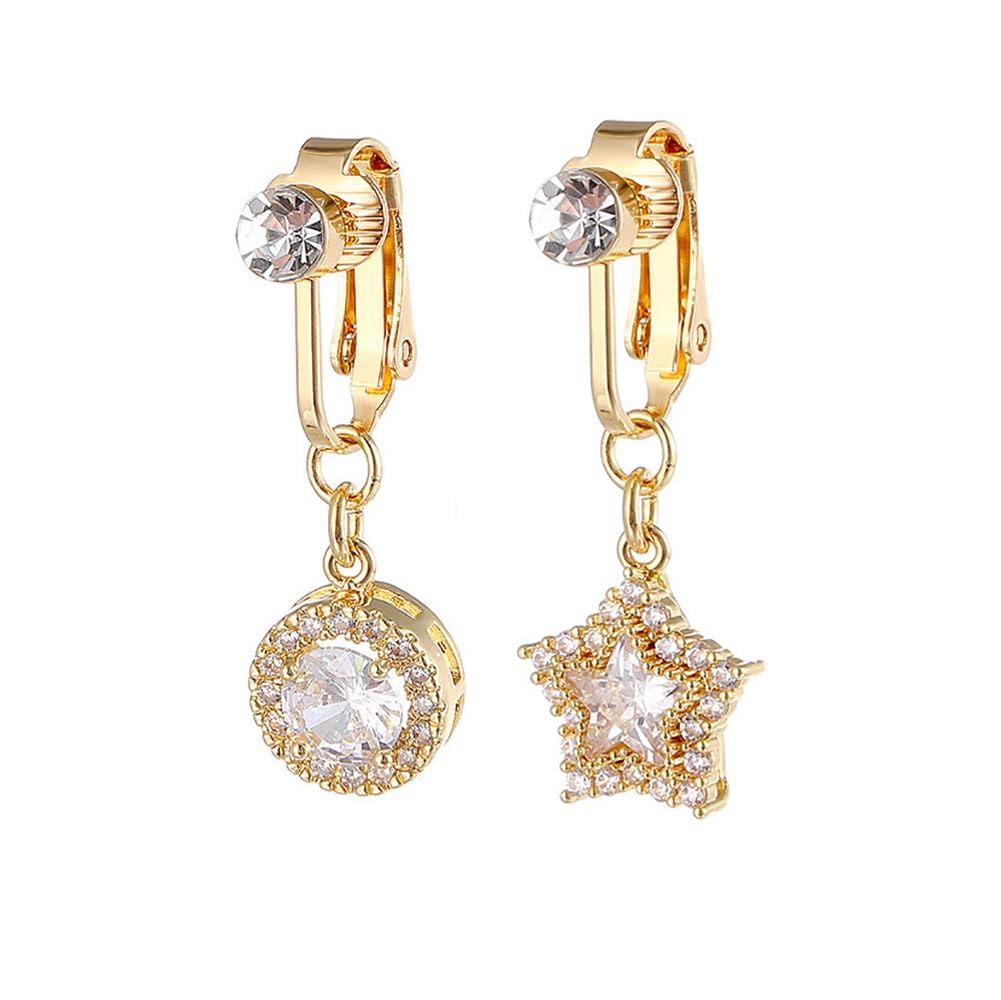 Niaspi 2Pcs CZ Round Star Fake Belly Button Rings for Women Surgical Steel Clip On Non-Piercing Fake Navel Rings Sparkling Crystal Fake Belly Jewelry