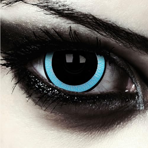 DESIGNLENSES lentilles couleur sclera bleu et noir pour halloween costume, effet grands yeux, diamètre 17mm, 1 paire (2 pcs), sans correction + étui à lentilles (Galactic)