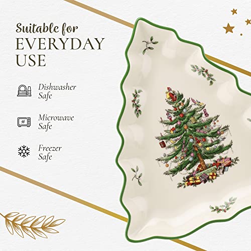 Spode Christmas Tree Collection Tree Shaped Dish, 10-Inch, Made Of Porcelain, Serving Dishes, Christmas Tree Design, Green/Beige, Dishwasher And Microwave Safe #TOP5