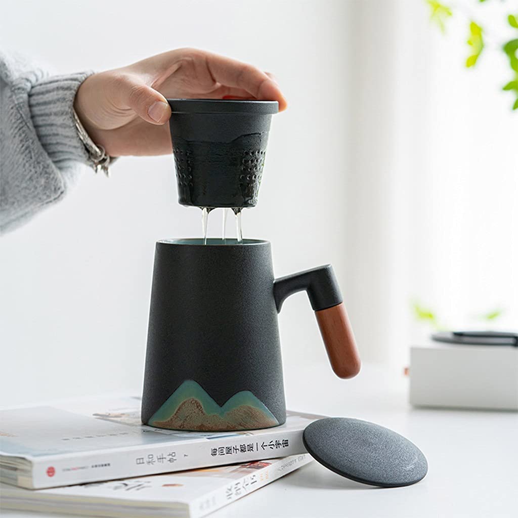 DUNAKE Teetasse mit Deckel und sieb, Tee-Sieb-Tasse Mit Teebeutelhalter Für Losen Tee, Tee-Becher Holzgriff, 450 Ml / 15,2 Oz Schwarz, Teeliebhabergeschenke Für Frauen Und Mann (Style : Style2)