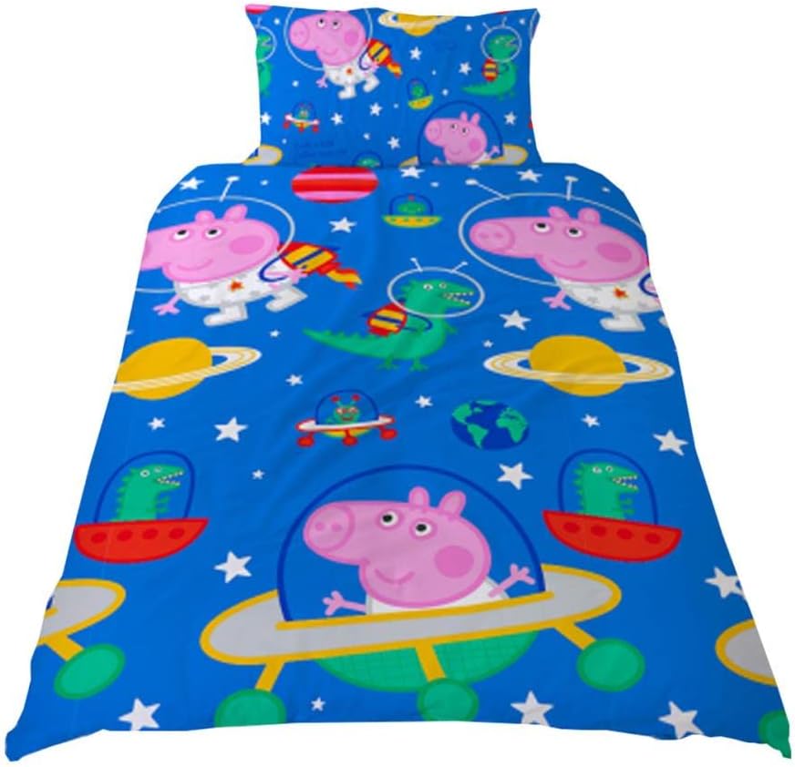 Peppa Pig Peppa Pig & George Pig Single Duvet Cover with Matching Pillow Case โ Two Sided Space Planets Design, Microfibre, Blue, 200 x 135 x 5 cm