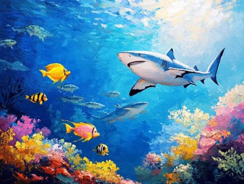 Peinture par numéro adulte requin corail sur toile 90X120 cm avec acryliques