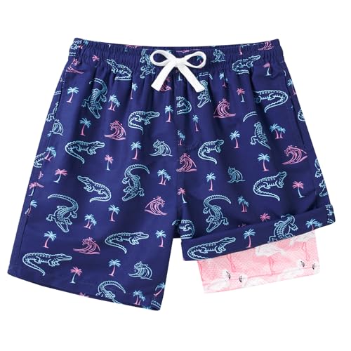 Cuddomper Boys Swim Trunks Neon Crocodile Size 8 Swimming Shorts Hawaiian Quick Dry Bathing Suit Compression Liner Swimwear with Stretch Boxer Brief Swimsuit Beach Boardshorts