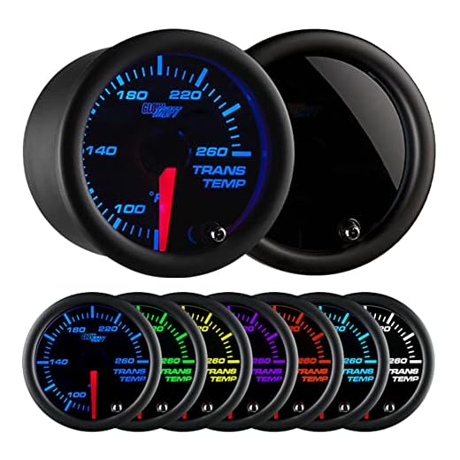 GlowShift Tinted 7 Color 260F Automatic Transmission Temp Gauge Kit - Includes 1/8-27 NPT Electronic Sensor & Wiring - Multi-Color Display - Black Dial - Smoked Lens - for Car & Truck - 2-1/16" 52mm