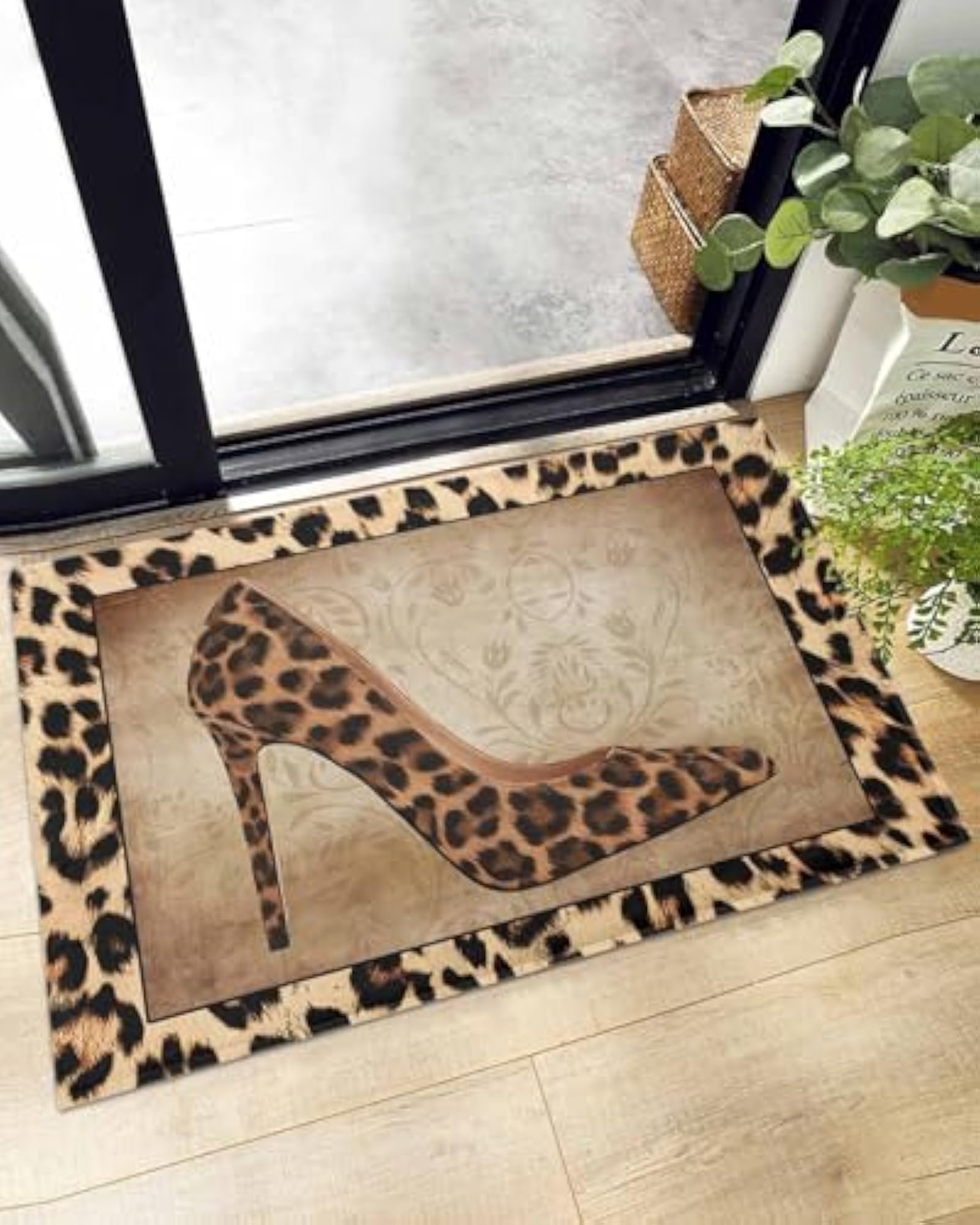 Leopard Print Shag Carpet Bath Rug, Non-Slip