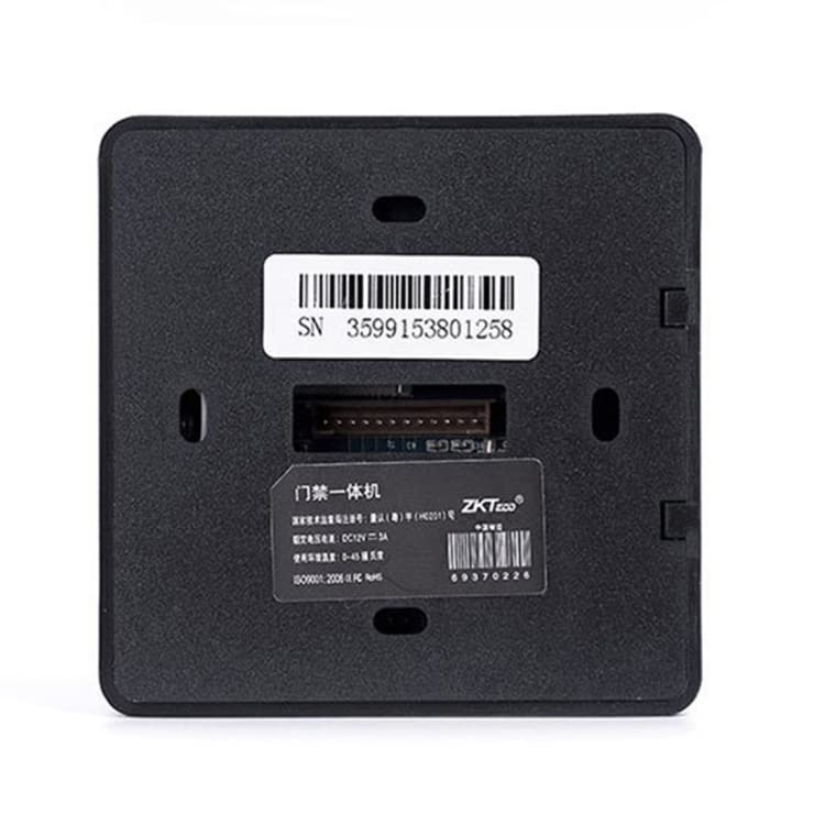 Back view of the ZKTeco X6 access control machine, showing the serial number sticker, connection port, and product information label.