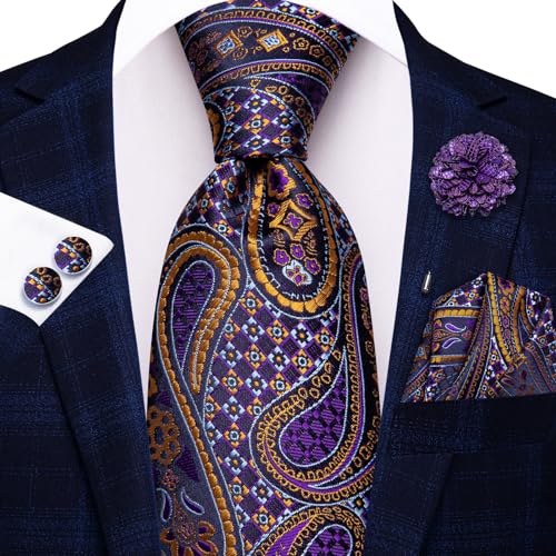 Image of Hi-Tie Men Silk Ties Set with Flower Lapel Pin Necktie Pocket Square Cufflinks for Tuxedo Wedding Business