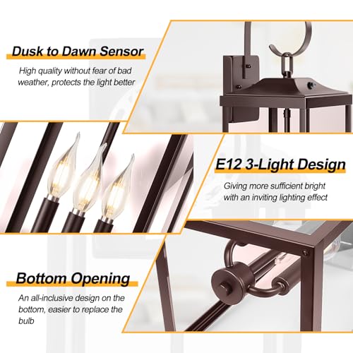 Image of 24 inch Extra Large Dusk to Dawn Outdoor Wall Lights, Waterproof Proch Lights | Oil Rubbed Bronze Outdoor Light Fixture 3-Light, Modern Outdoor Sconce Lights with Tempered Glass Coach Light, Brown, 1-Pack