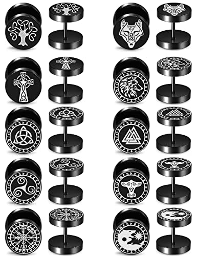 ADRAMATA 10Paire Boucle D'oreille Homme Viking 10mm Acier Inoxydable Faux Ecarteur Oreille Piercing Cartilage Tragus Oreille Noir Boucles D'oreilles Pour Hommes Femmes