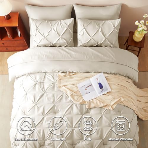 CozyLux Queen Comforter Set Oatmeal, 7 Pieces Pintuck Bed in A Bag, Premium Oatmeal Comforter Queen Size, Pinch Pleat Bedding Sets with Comforter, Sheets, Pillowcases & Shams