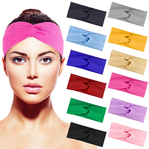 Duufin 12 Stks Hoofdbanden voor Vrouwen Cross Knoop Hoofdband Effen Kleuren Haarbanden Criss Cross Elastische Haar Wrap, 12 Kleuren