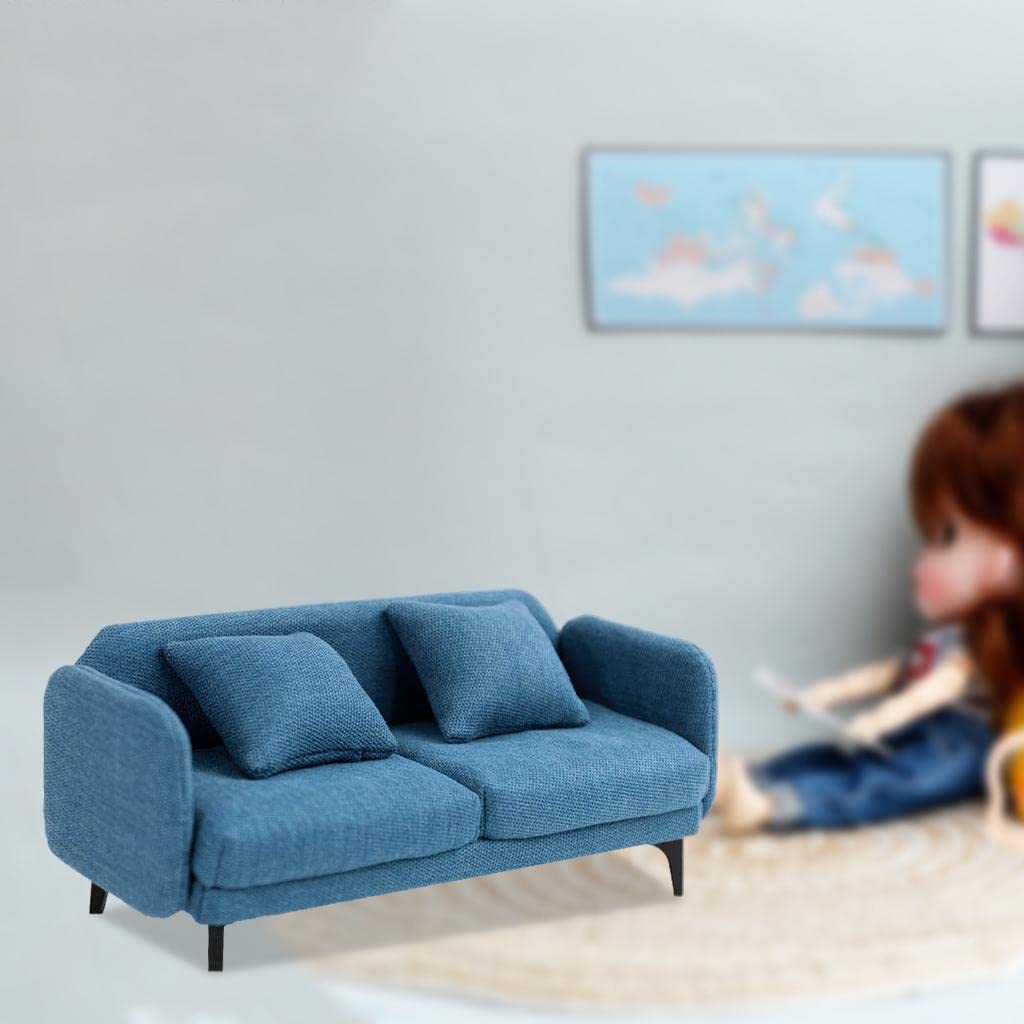 Sofá para Casa de Muñecas, Sofá Doble en Miniatura, Madera, Franela, Muebles para Sala de Estar, Decoración, Accesorios para Casa de Muñecas, Azul