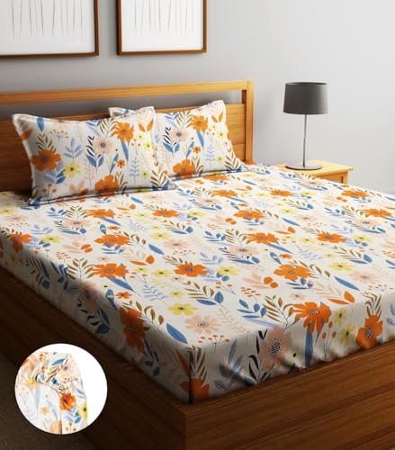 Image of Home Sizzler 210TC Garden Grace Elastic Fitted Double Bedsheet (72X78 Inch) with 2 King Size Pillow Covers
