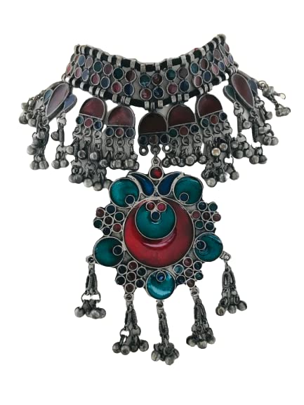 THE OPAL FACTORY Antique Silver Oxi Tibetan Afghani Bohemian Jewellery Choker Necklace with Large Pendant with Minakari for Women and Girls. (B09WH7S6KN) Amazon Price History, Amazon Price Tracker