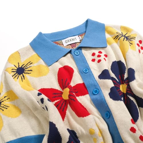 Men's Knit Polo Shirt, Retro Colorful Florals Pattern Cardigan Polo Button Down Short Sleeve Shirt, Bei Blue3
