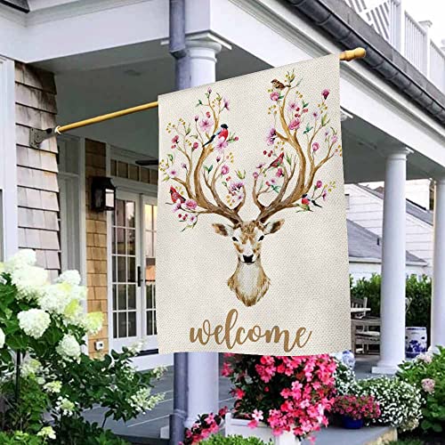Aoyego Deer Welcome House Flags 28 X 40 Double Sided Burlap Watercolor Deer Big Antlers Flowers And Birds On The Horns Yard Flags Spring Summer Farmhouse Seasonal Outdoor Flag #TOP4