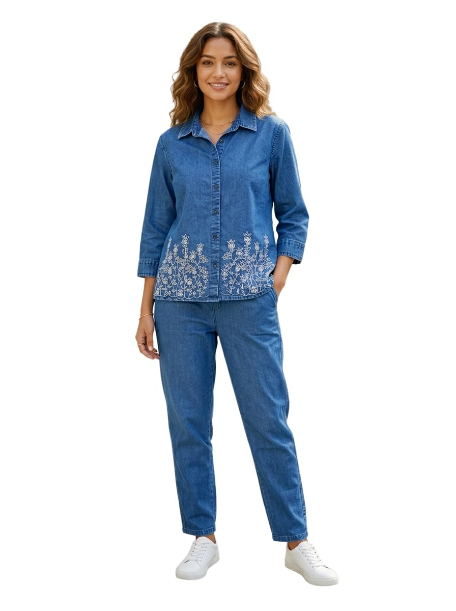 Denim Co Ord Set for Women || Denim Jacket and Pant Set || Embroidered Co Ord Set with Crop Jacket and Pants With Pockets-image-47