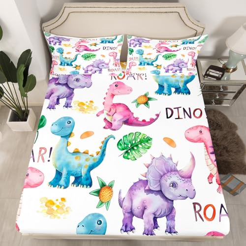 Colorful Dinosaurs Full Size Fitted Sheet,Cartoon Dinosaur Jungle Wild Animal 3 Pieces Kids Teenager Room Decor Tropical Palm Leaves Eggs Botanical Pocket 2 Pillowcases