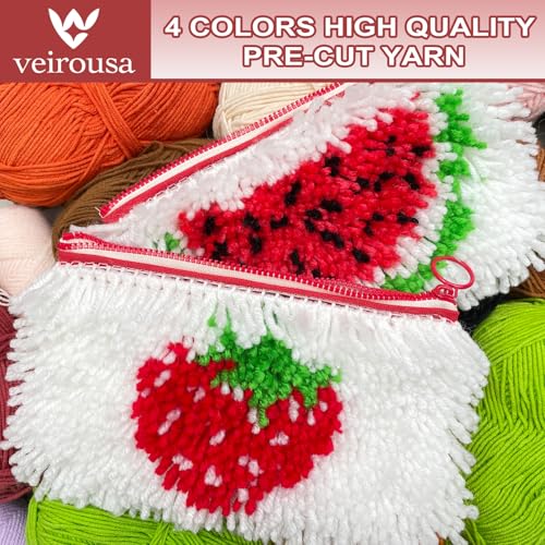 Image of veirousa Strawberry & Watermelon Latch Hook Pencil Case Kit for Adults Beginners, Flully Fruit DIY Craft Pencil Pouch for Girls Boys 2 Pack Set