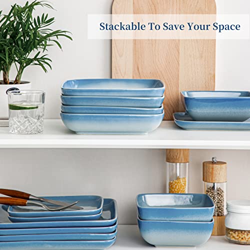 Lovecasa Pasta Bowls Set Of 4, 32 Oz Square Serving Bowls, 8" Large Pasta Bowls Salad Bowls, Ceramic Dinner Plates, Cereal Dessert Plates, Gradient Blue #TOP5