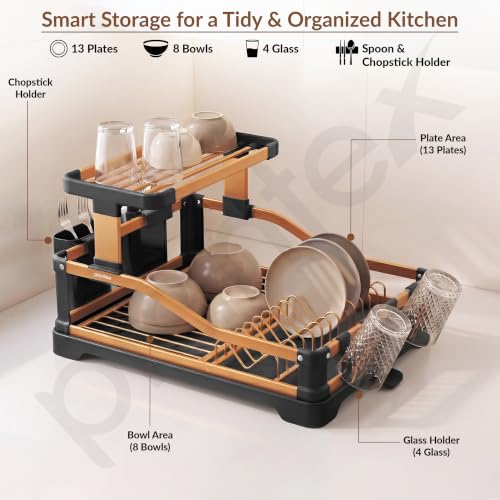 Image of Plantex Fold Flat Dish Drying Rack /Aluminium 2-Tier Dish Rack with Drainboard /Vessel Drainer Basket /Plate Holder Stand /Kitchen Rack - Pack of 1 (Gold & Black)