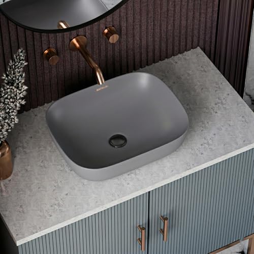 Image of Designer Ceramic Wash Basin For Bathroom | Over Counter Bathroom Basin | Counter Top Bathroom Sink | Wash Basin For Restaurant, Hotel (18 x13 x 5 Inch) (13x18 Grey)