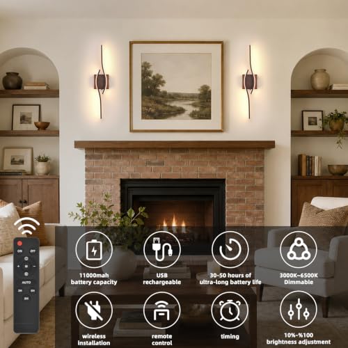Image of Battery Operated Wall Sconces Set of Two, Walnut 23.6 inch 3 Color LED dimmable Wireless Wall Sconce with Remote Control, USB Rechargeable Wall Lights for Living Room Bedroom Hallway Background