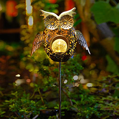 Go2Garden Solar Lights Outdoor Owl Decorative Metal Stakes Lights Crackle Glass Light For Lawn, Yard Art, Pathway, Patio Decor(Bronze) #TOP2