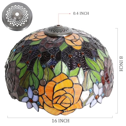 Image of 16Inch Tiffany Lamp Shade Replacement Only (Red Yellow Roses) | Stained Glass Lampshade Fit For Table Lamps FLoor Lamp Ceiling Fixture Pendant Hanging Light Home Office Decoration