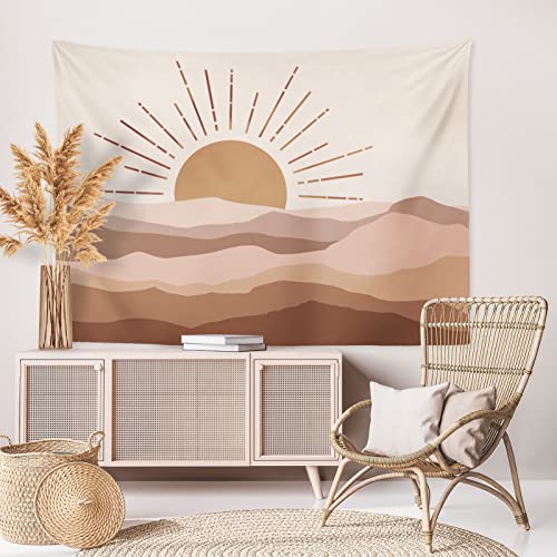 Sunrise And Mountain Tapestry Boho Mid Century Tapestries Decorative Abstract Nature Landscape Wall Hanging Art Minimalist Home Decor For Bedroom Living Room College Dorm, Brown, 59.1" X 82.7", P1 #TOP2