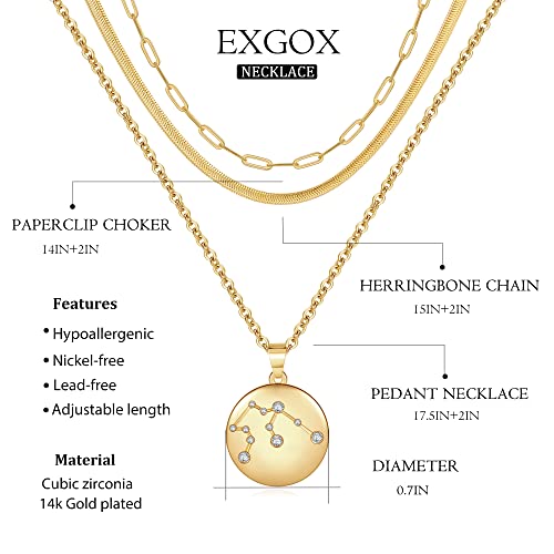 Exgox Gold Layered Necklace For Women 14K Gold Plated Coin Disc 12 Constellation Star Personalized Pendant Necklace Dainty Layering Herringbone Paperclip Link Chain Choker Necklaces For Women Girls #TOP3