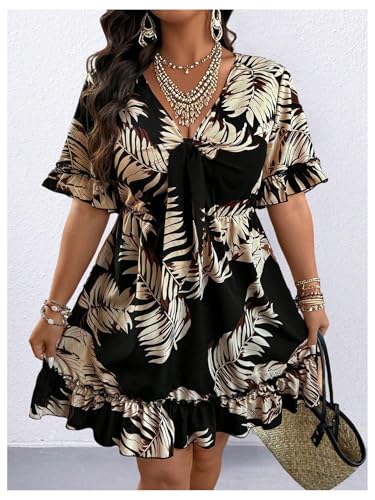 Image of Floerns Women's Plus Size Wrap V Neck Short Sleeve Ruffle Hem A Line Short Dress