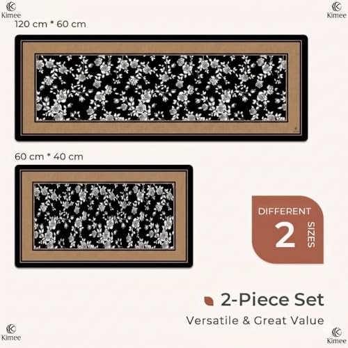 Image of KIMEE 2-Piece Kitchen Mat Set - Kitchen Floor Rugs, Non-Slip & Easy to Clean Water Absorbing Runner Comfort Mats for Kitchen, Laundry, Office (Black Border FlowerPattern, 120cm x 60cm + 60cm x 40cm)