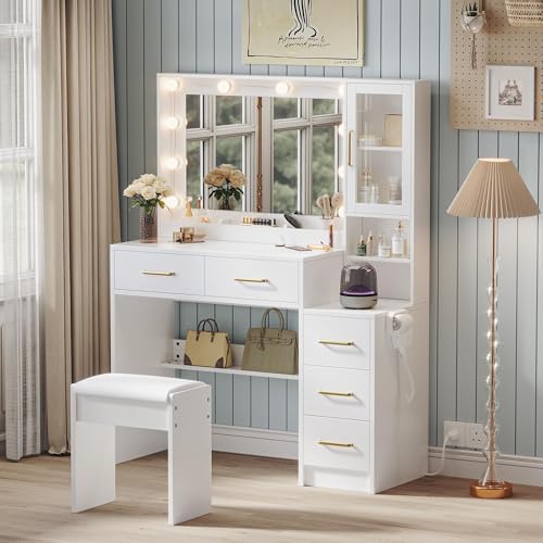 TOKSOM Makeup Vanity with Lights & Charging Station, White Vanity Table with 5 Drawers & Open Storage Shelves, Bedroom Makeup Dressing Table Set for Women Girls