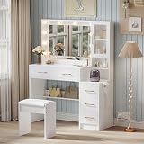 TOKSOM Makeup Vanity with Lights & Charging Station, White Vanity Table with 5 Drawers & Open Storage Shelves, Bedroom Makeup Dressing Table Set for Women Girls