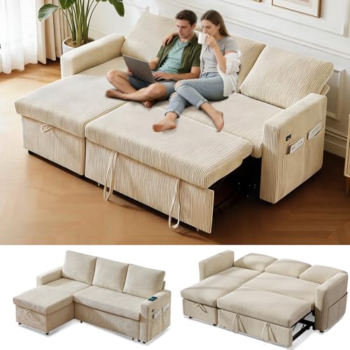 Image of WEUP 82 inch L Shaped Sectional Sleeper Sofa Bed with Pull Out Bed, Sectional Sleeper Couch Pull Out Couch with Reclining Backrest /Reversible Storage Chaise /USB Ports /Tool-Free Assembly, Corduroy Beige