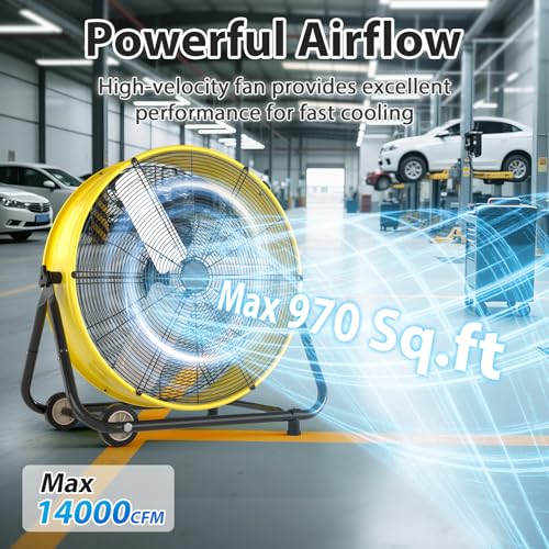 Image of LifePlus 30'' Large Industrial Fan,14000 CFM High Velocity 3-Speed Heavy Duty Metal Air Circulator with 360 Tilt, Casters Handle, Ideal for Warehouse, Factory Workshops, Patios, Garage, Yellow