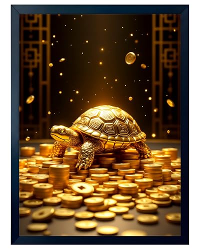 Image of ARTFUL TOY BOX - Golden Feng Shui Turtle Photo Frame Wall Art for Home Decor | Wealth, Stability & Protection Vastu & Feng Shui Wall Decor for Living Room & Office | HD Glossy Print | Premium Fiber Black Frame - 12x18 Inch (30x45 cm) (Design 2)