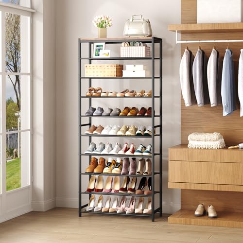 Image of HOMEFORT 10 Tiers Shoe Rack Organizer,30 inch Shoe Storage Shelf for Closet, Shoe Rack for Entryway,Holds 36-40 Pairs of Shoe, Tall Shoe Stand with Metal Shelves and MDF Top Board,Rustic Brown