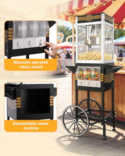 Image of 12 Oz Popcorn Machine with Candy Dispenser for Home Party Office | Black, Stainless-Steel, Vintage Commercial Popcorn Maker with Storage Cabinet, Movie Theater Style, Makes Up to 32 Cups