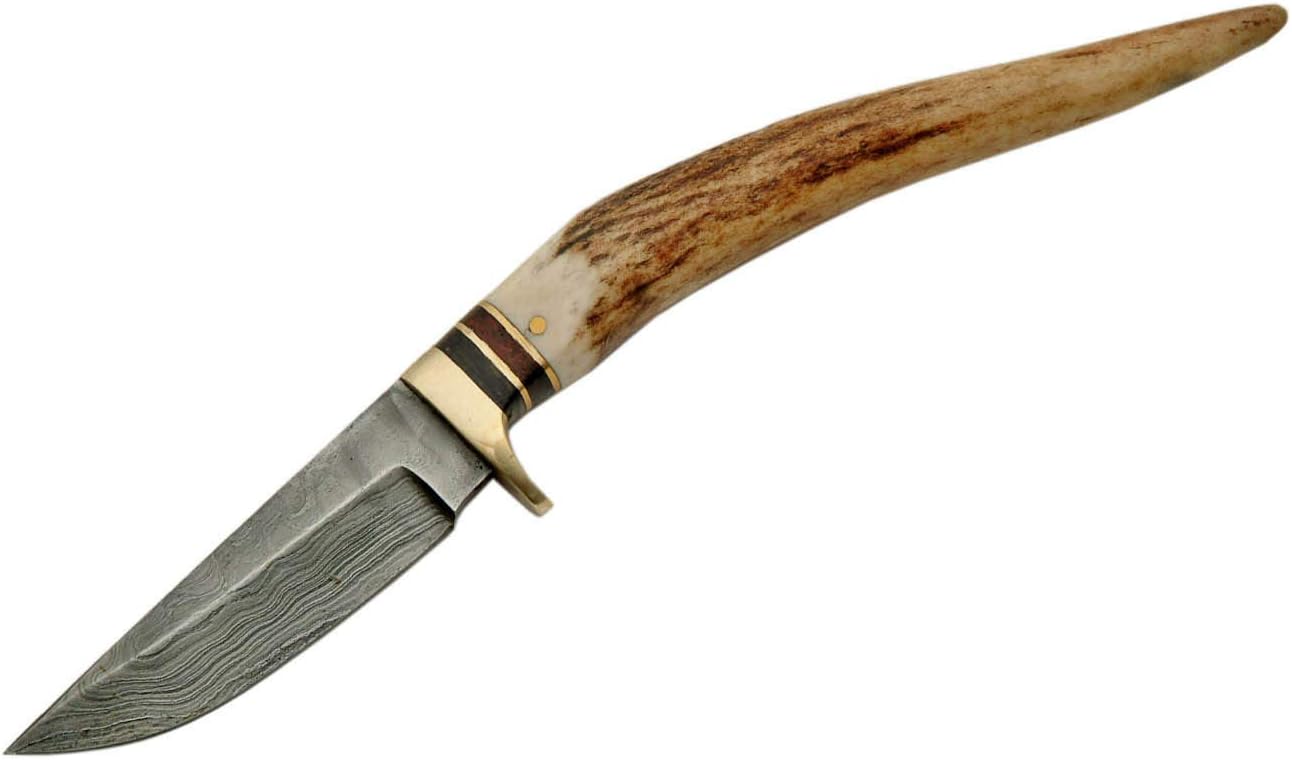 SANZ Damascus Tip Drop Point Hunting Knife 8 Inch - Camping Knife with Stag Handle, Full Tang Blade & Sheath - Outdoor Knife for Hunting, Camping & Outdoor uses